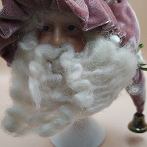 Vintage Porcelain Santa Head Christmas Ornament White Pink Velvet, Satin Roses